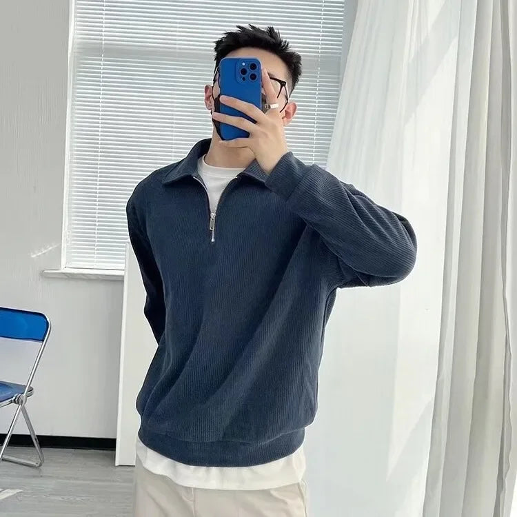 Autumn New Half-zip Up Men's Sweatshirt American Style Vintage Loose Fit Casual Design Sensibility Niche Top Color Pullover